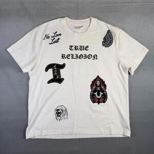 True Religion Patch Embroidered T-Shirt Mens XL White Patchwork Chainstitch